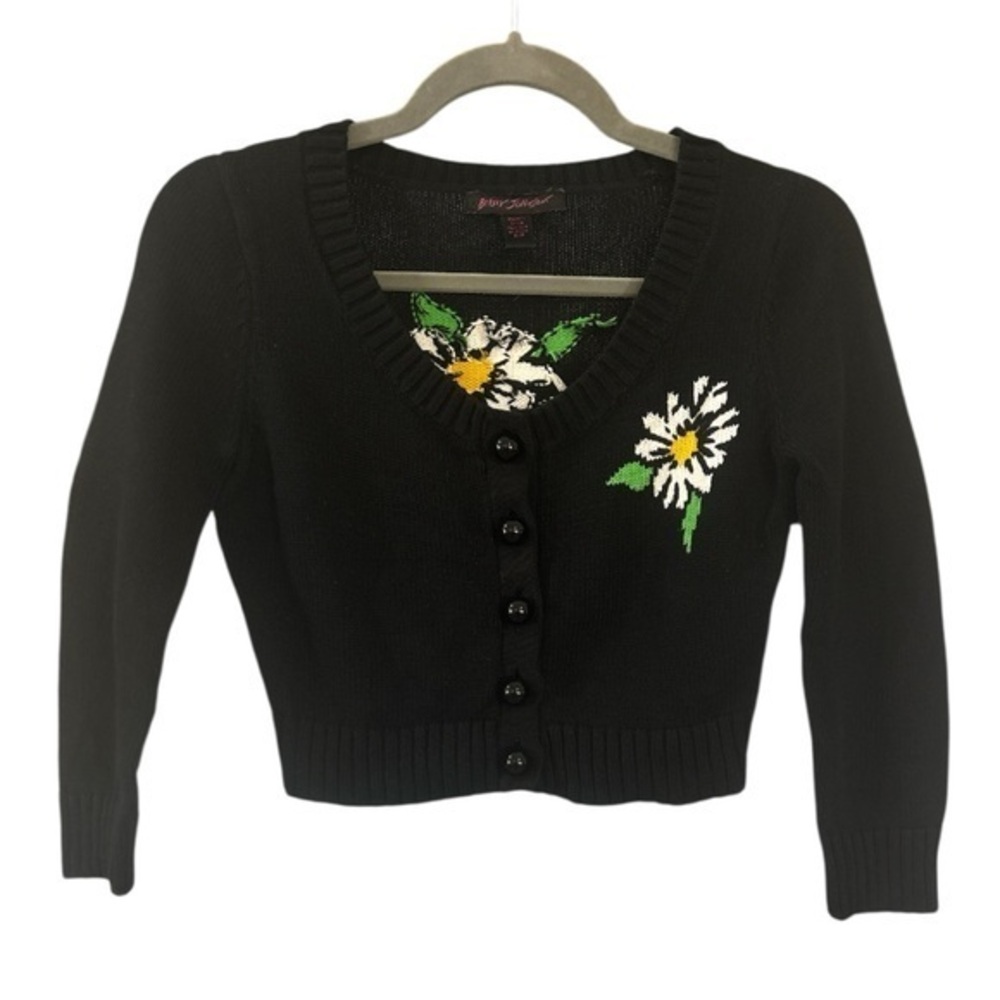 Betsey Johnson Vintage Chunky Knit Daisy Crop Cardigan Sweater Size Small
